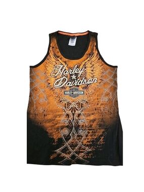 Harley-Davidson Men’s Orange and Black Graphic Tank Top